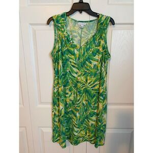 LA Threads Women Tropical Palm Leaf Print V-Neck Sleeveless Shift Dress XL Green